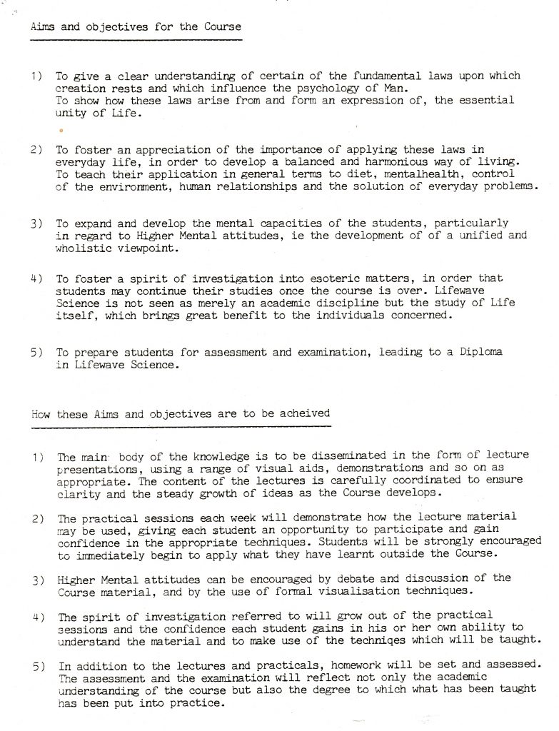 Lifewave Science Course Prospectus 1985